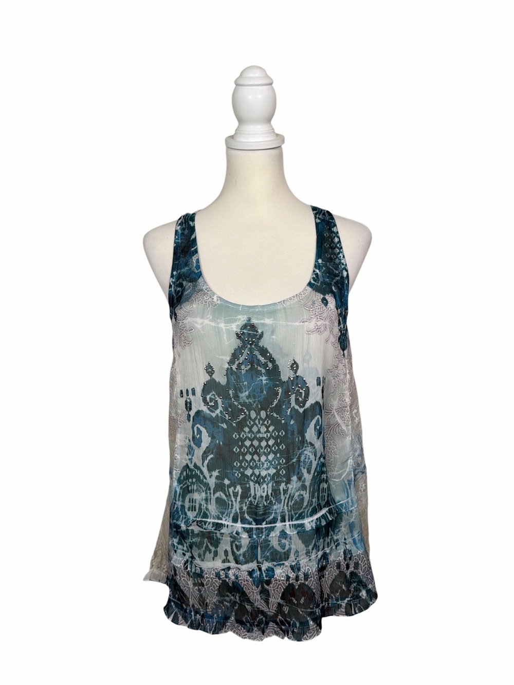 Vanity Blue Teal Lace Embellished Chiffon Tank Top Boho Beaded Racerback Large